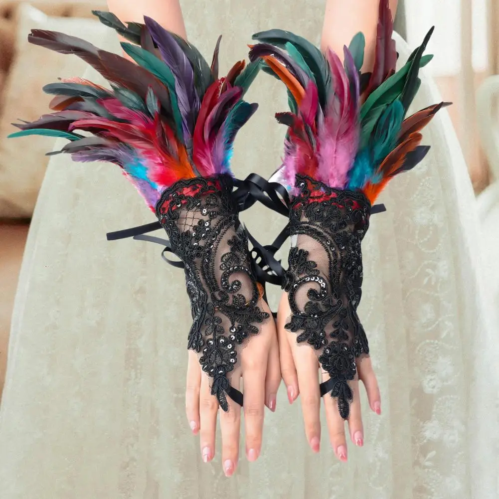 1Pc Sexy Lace Faux Feather Long Glove Gothic Mesh Sleeve Halloween Party Embroidery Mitten Female Stage Accessory