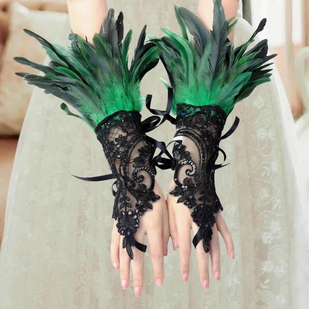 1Pc Sexy Lace Faux Feather Long Glove Gothic Mesh Sleeve Halloween Party Embroidery Mitten Female Stage Accessory