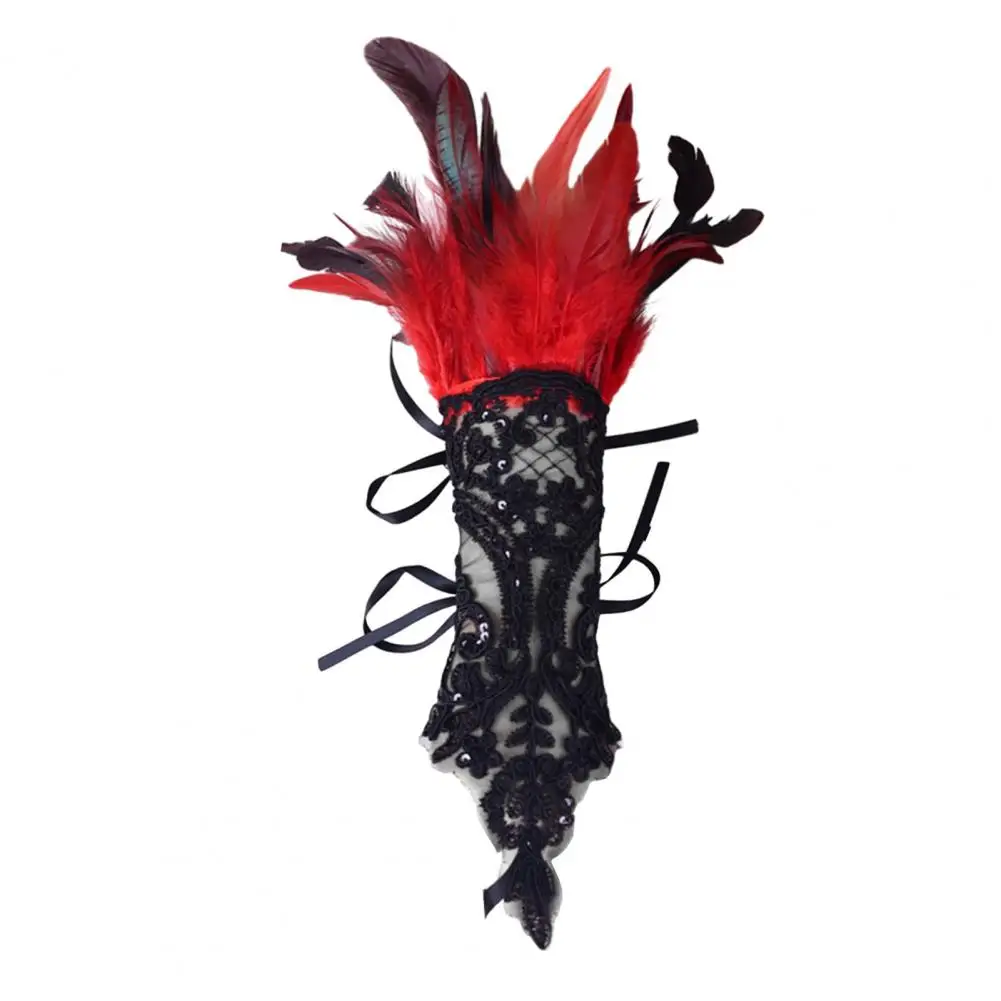 1Pc Sexy Lace Faux Feather Long Glove Gothic Mesh Sleeve Halloween Party Embroidery Mitten Female Stage Accessory