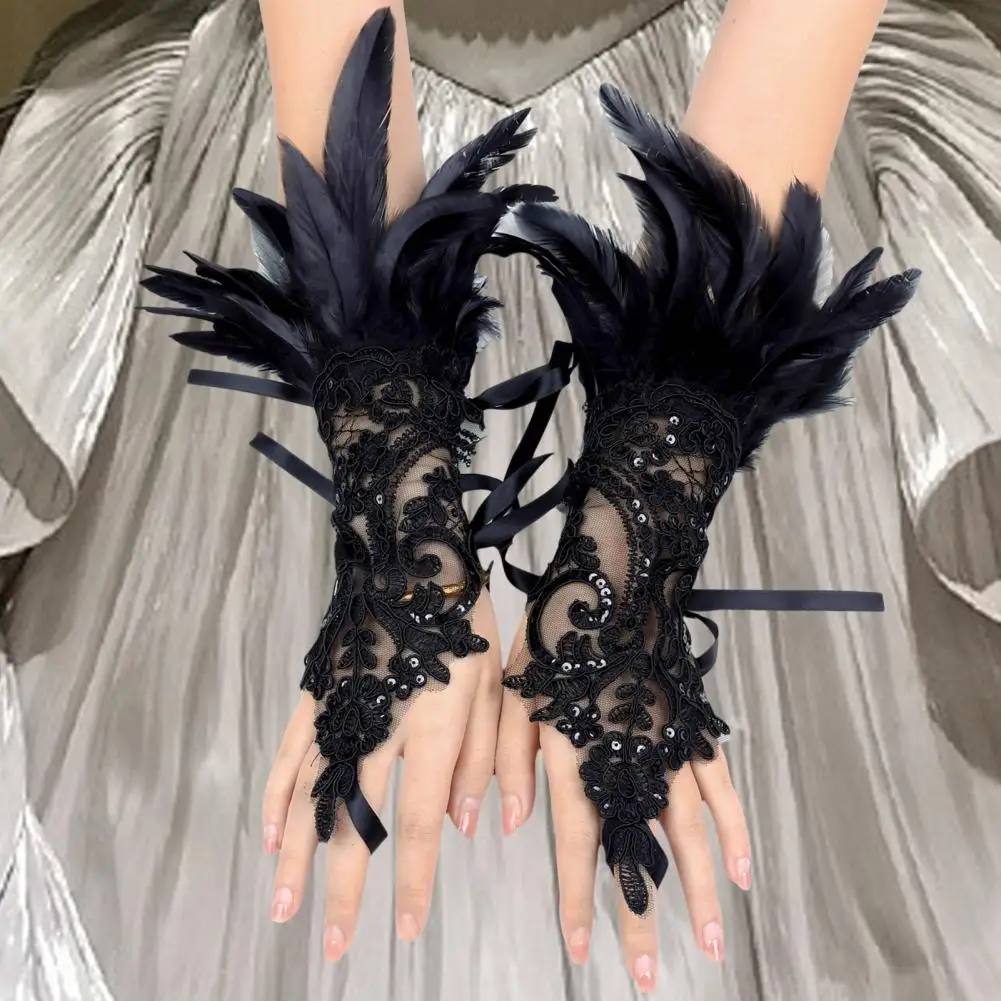 1Pc Sexy Lace Faux Feather Long Glove Gothic Mesh Sleeve Halloween Party Embroidery Mitten Female Stage Accessory