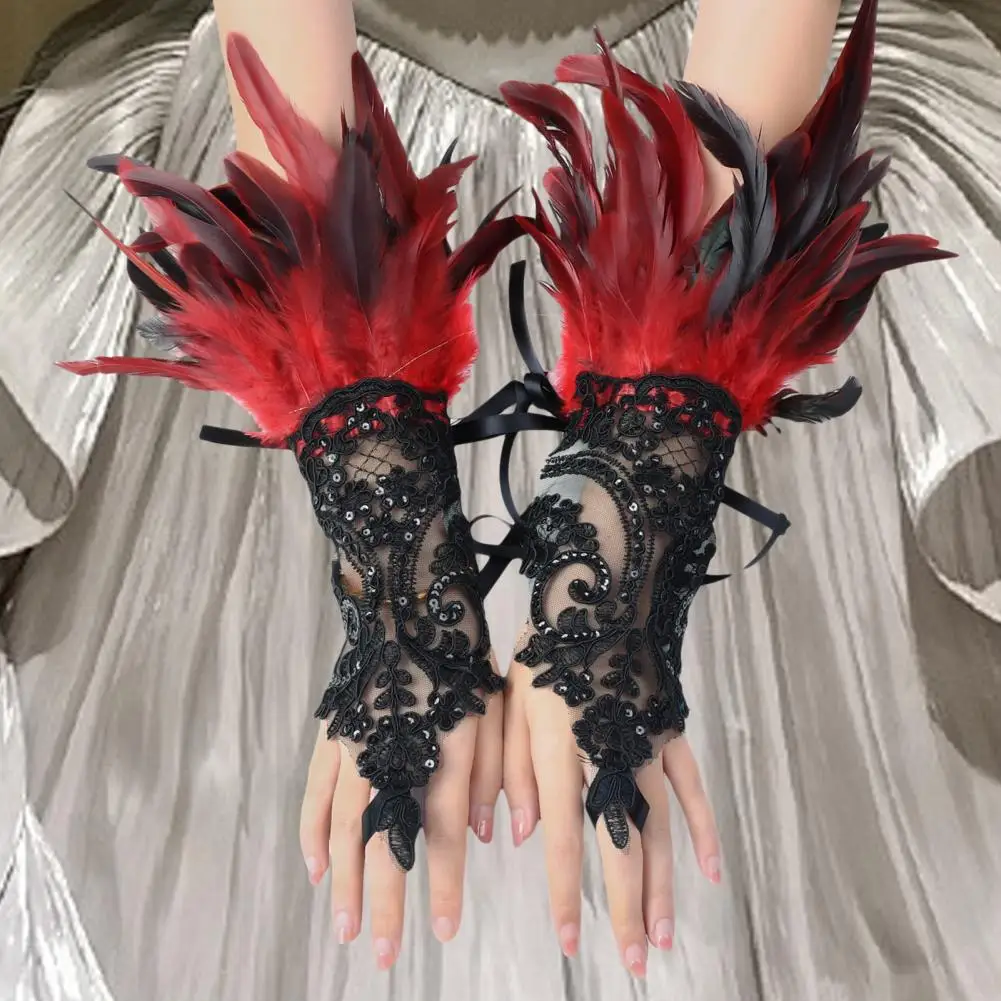 1Pc Sexy Lace Faux Feather Long Glove Gothic Mesh Sleeve Halloween Party Embroidery Mitten Female Stage Accessory