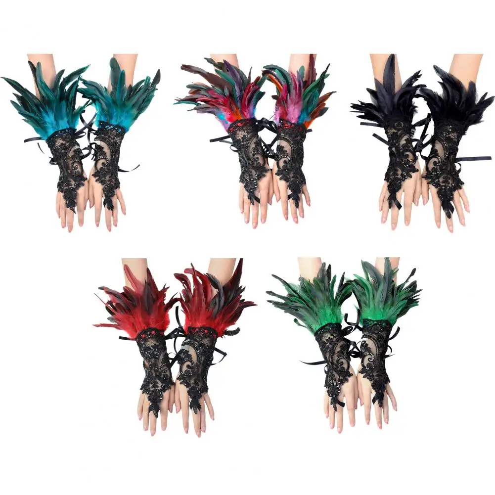 1Pc Sexy Lace Faux Feather Long Glove Gothic Mesh Sleeve Halloween Party Embroidery Mitten Female Stage Accessory