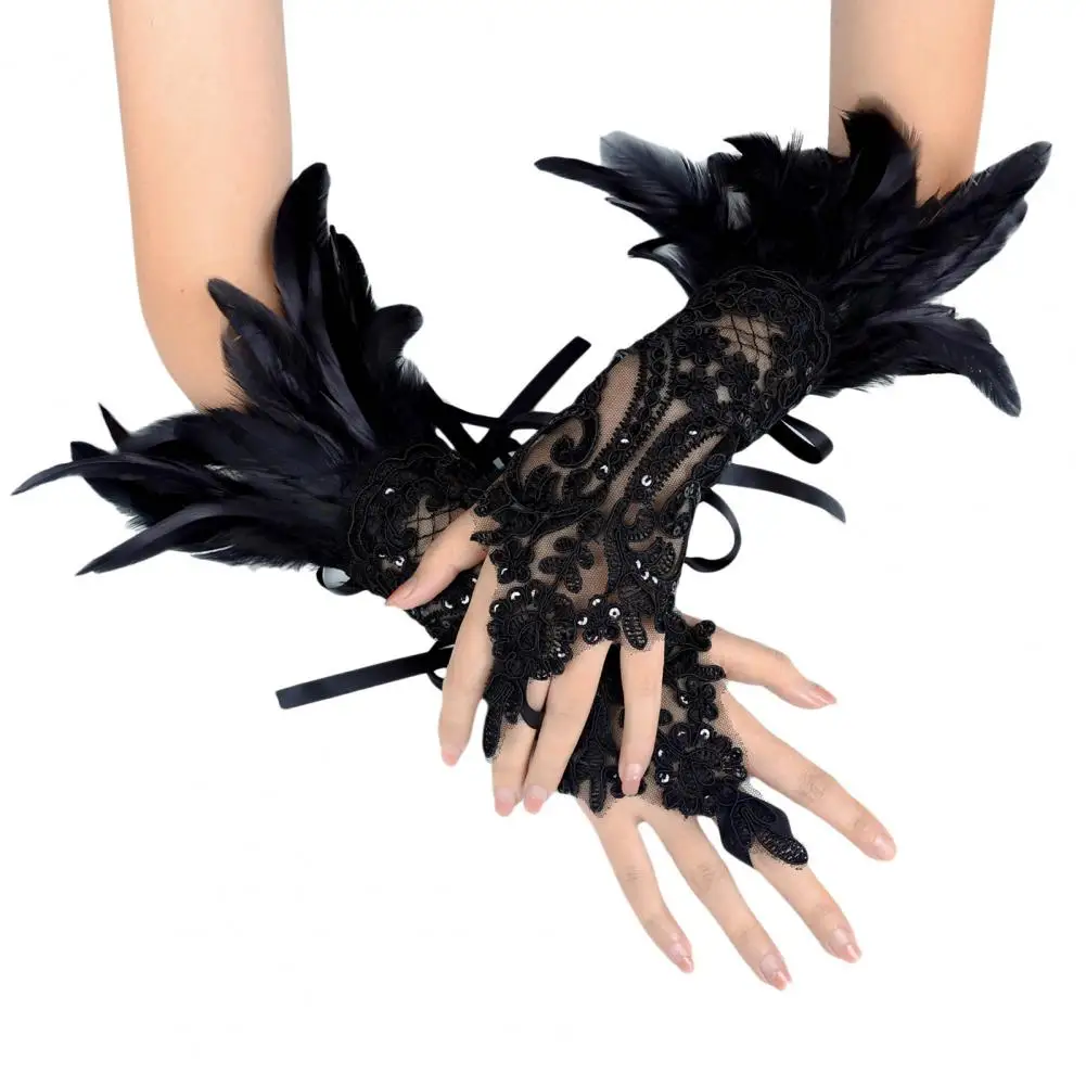 1Pc Sexy Lace Faux Feather Long Glove Gothic Mesh Sleeve Halloween Party Embroidery Mitten Female Stage Accessory