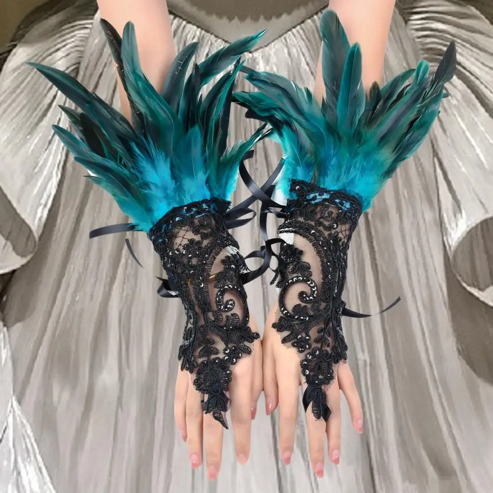 1Pc Sexy Lace Faux Feather Long Glove Gothic Mesh Sleeve Halloween Party Embroidery Mitten Female Stage Accessory