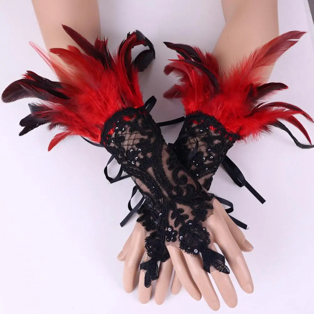 1Pc Sexy Lace Faux Feather Long Glove Gothic Mesh Sleeve Halloween Party Embroidery Mitten Female Stage Accessory
