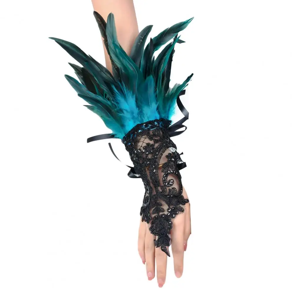 1Pc Sexy Lace Faux Feather Long Glove Gothic Mesh Sleeve Halloween Party Embroidery Mitten Female Stage Accessory