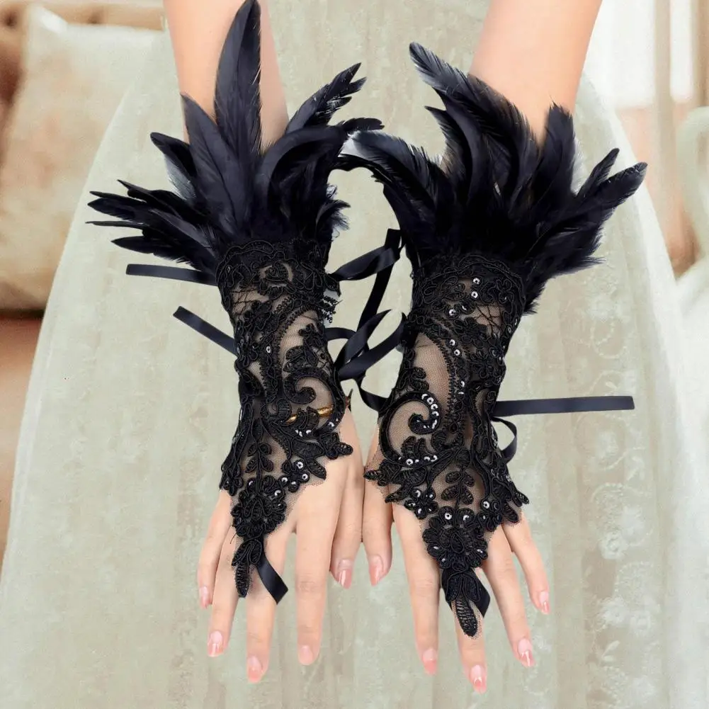 1Pc Sexy Lace Faux Feather Long Glove Gothic Mesh Sleeve Halloween Party Embroidery Mitten Female Stage Accessory