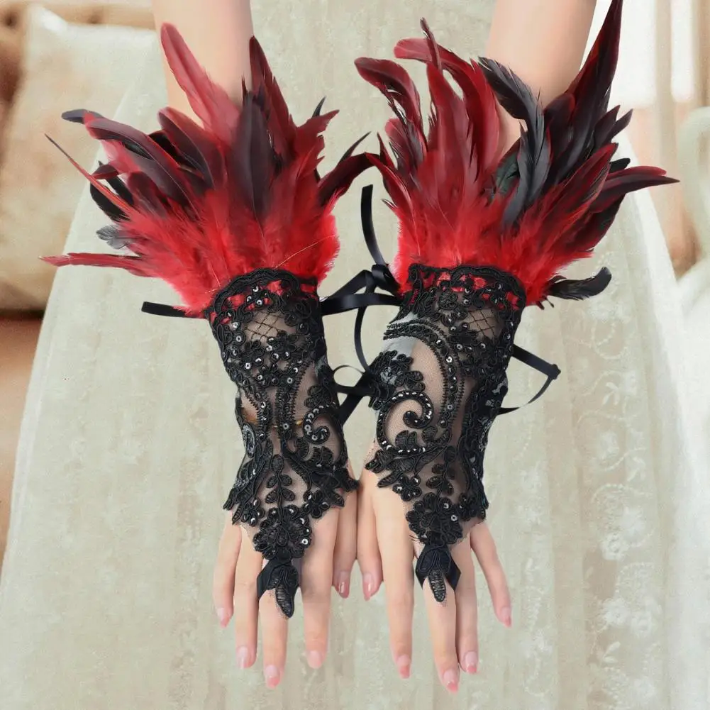 1Pc Sexy Lace Faux Feather Long Glove Gothic Mesh Sleeve Halloween Party Embroidery Mitten Female Stage Accessory