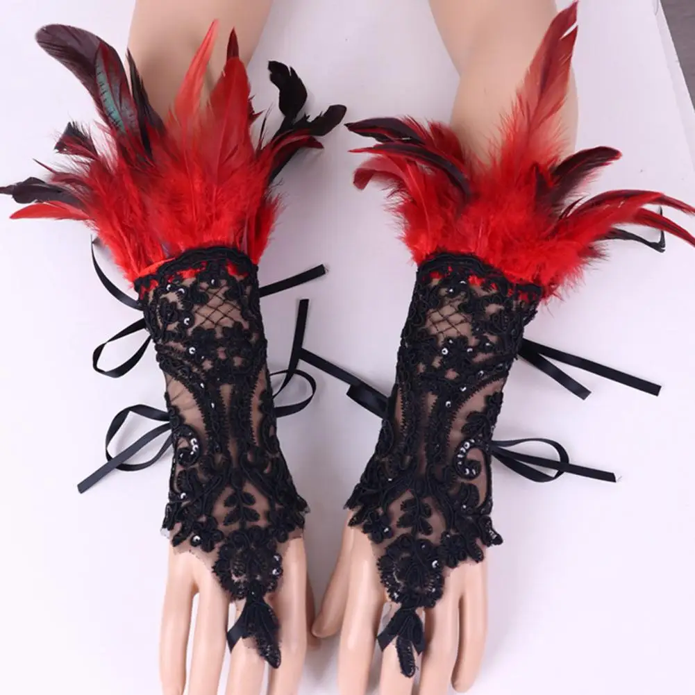 1Pc Sexy Lace Faux Feather Long Glove Gothic Mesh Sleeve Halloween Party Embroidery Mitten Female Stage Accessory