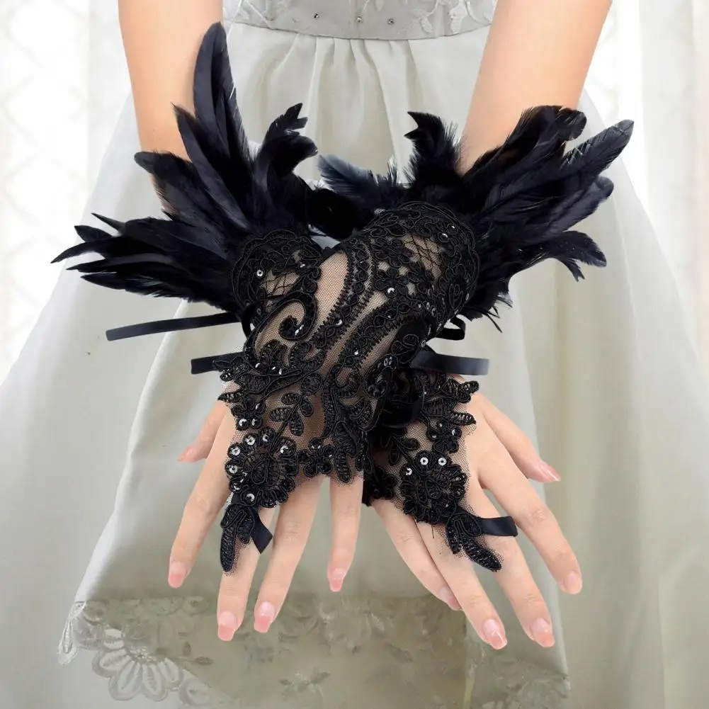 1Pc Sexy Lace Faux Feather Long Glove Gothic Mesh Sleeve Halloween Party Embroidery Mitten Female Stage Accessory