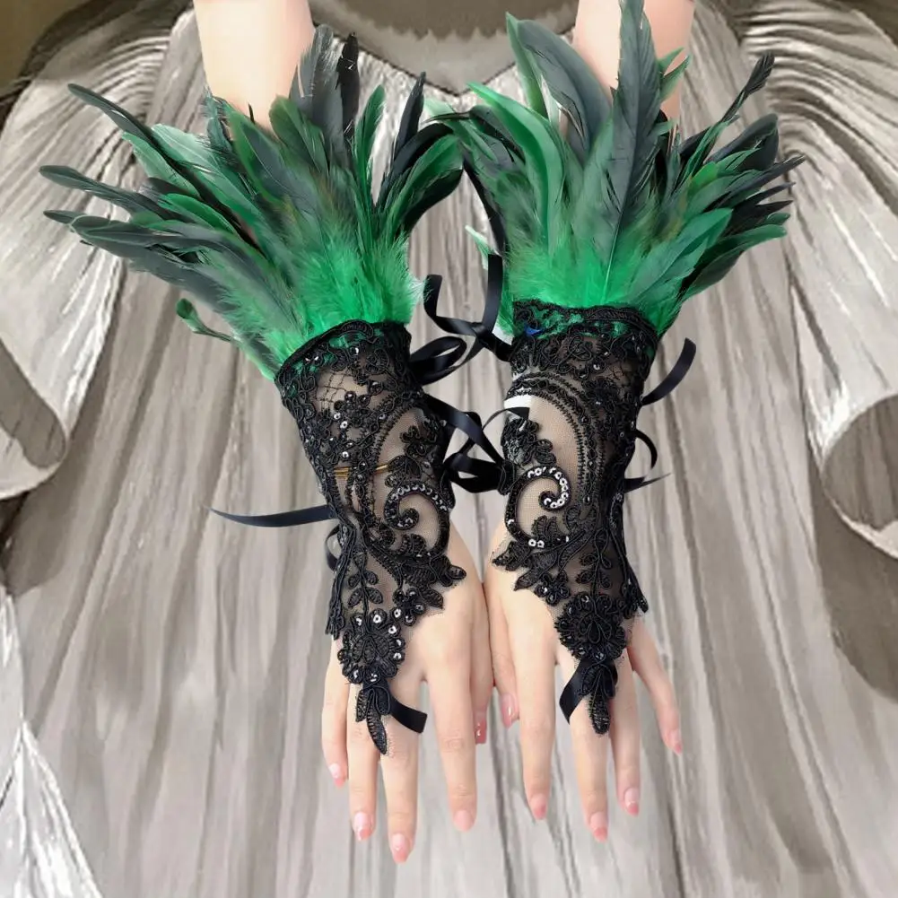 1Pc Sexy Lace Faux Feather Long Glove Gothic Mesh Sleeve Halloween Party Embroidery Mitten Female Stage Accessory