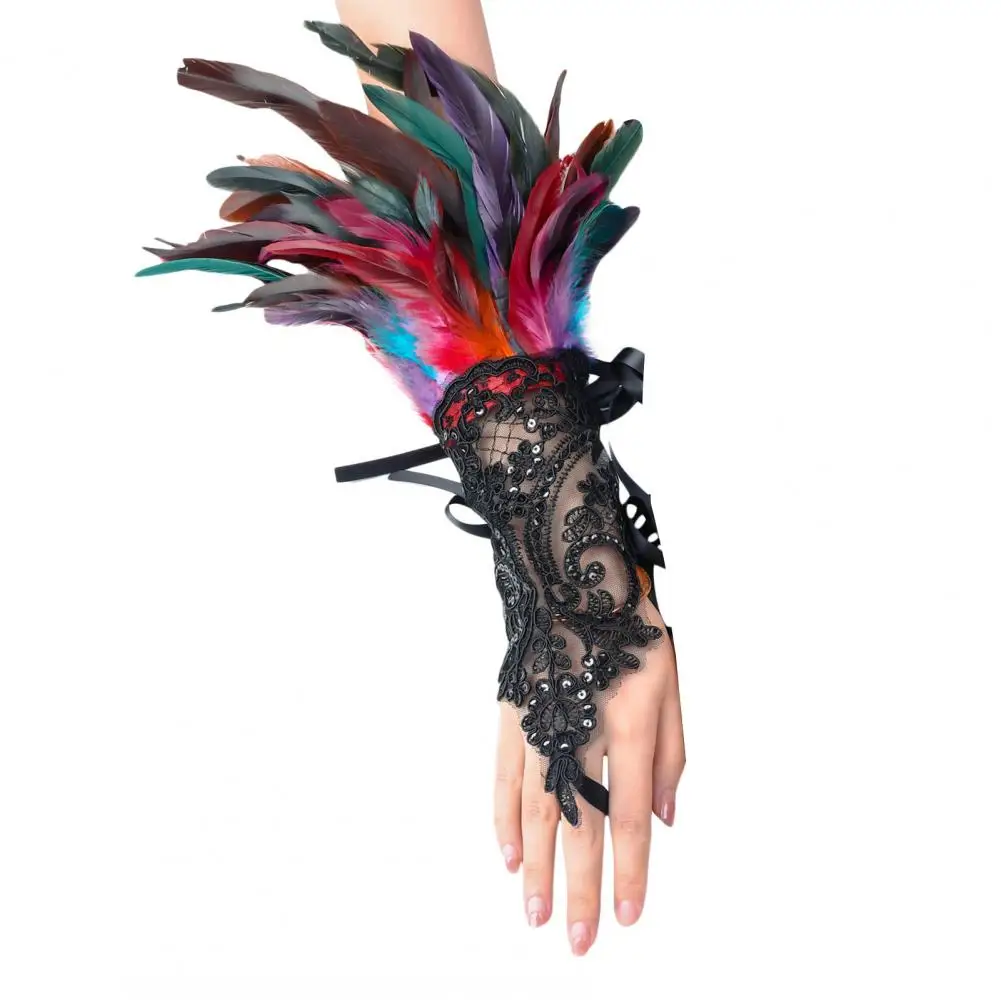 1Pc Sexy Lace Faux Feather Long Glove Gothic Mesh Sleeve Halloween Party Embroidery Mitten Female Stage Accessory