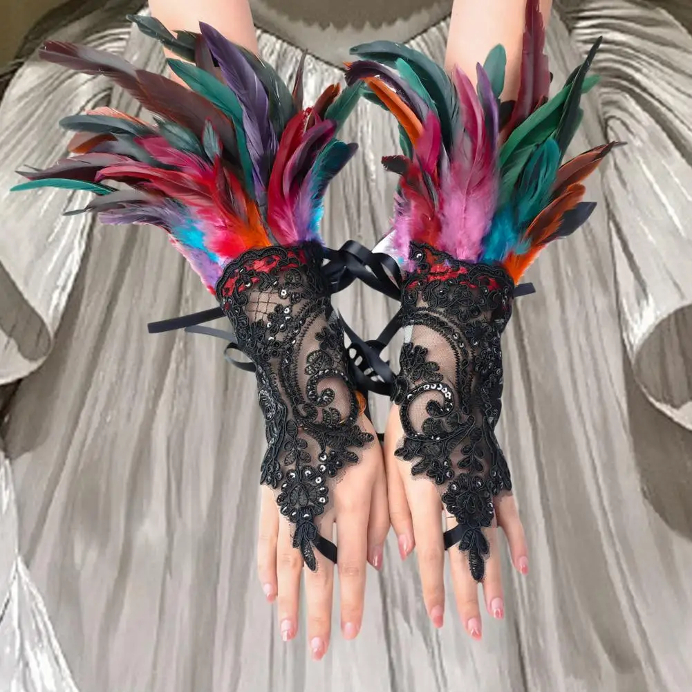 1Pc Sexy Lace Faux Feather Long Glove Gothic Mesh Sleeve Halloween Party Embroidery Mitten Female Stage Accessory
