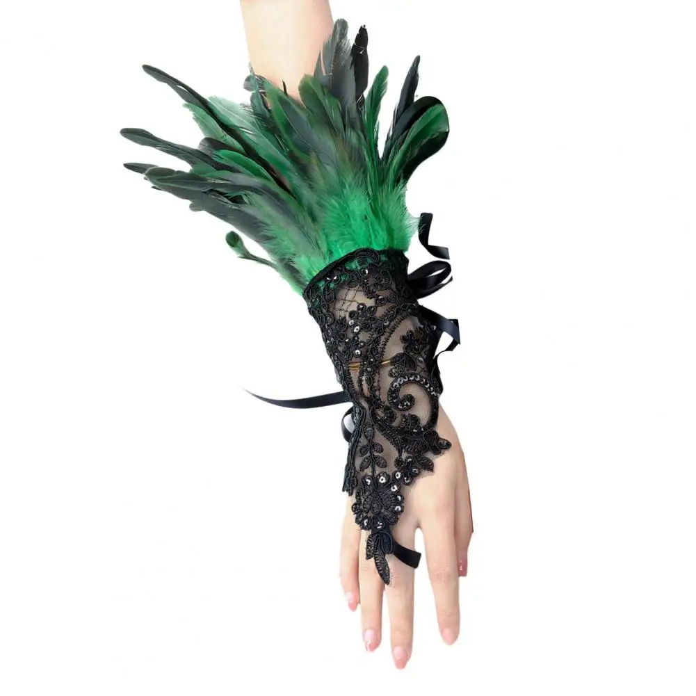 1Pc Sexy Lace Faux Feather Long Glove Gothic Mesh Sleeve Halloween Party Embroidery Mitten Female Stage Accessory
