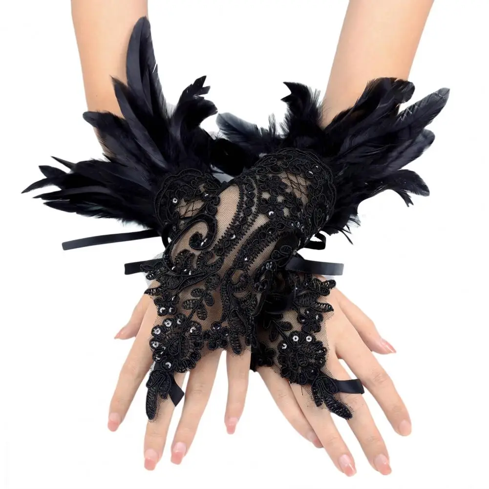 1Pc Sexy Lace Faux Feather Long Glove Gothic Mesh Sleeve Halloween Party Embroidery Mitten Female Stage Accessory