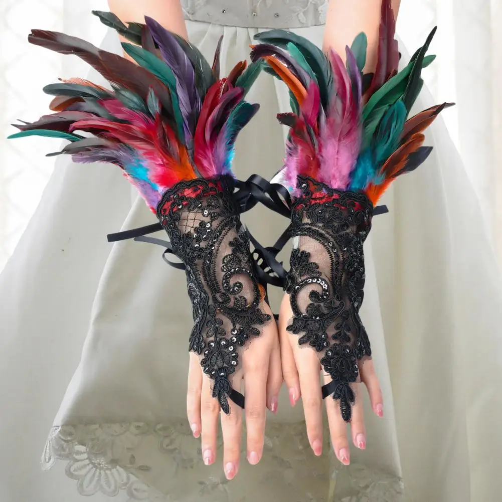 1Pc Sexy Lace Faux Feather Long Glove Gothic Mesh Sleeve Halloween Party Embroidery Mitten Female Stage Accessory