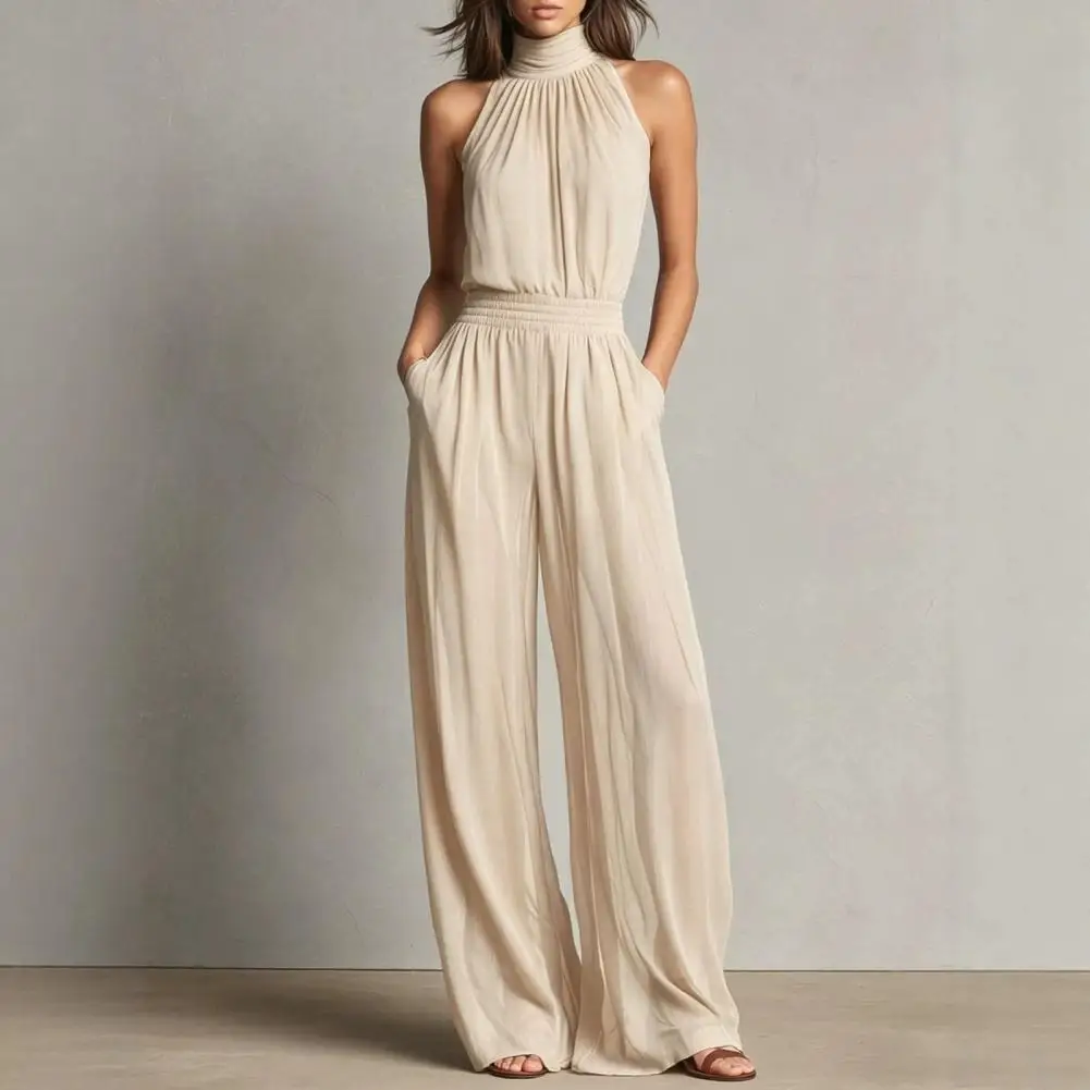 Women's Summer Jumpsuit, Halter High Neck Sleeveless Chiffon Wide Leg Rompers, Smocked Waist Backless Vacation One Piece Outfits