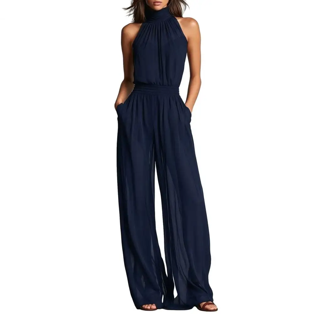 Women's Summer Jumpsuit, Halter High Neck Sleeveless Chiffon Wide Leg Rompers, Smocked Waist Backless Vacation One Piece Outfits