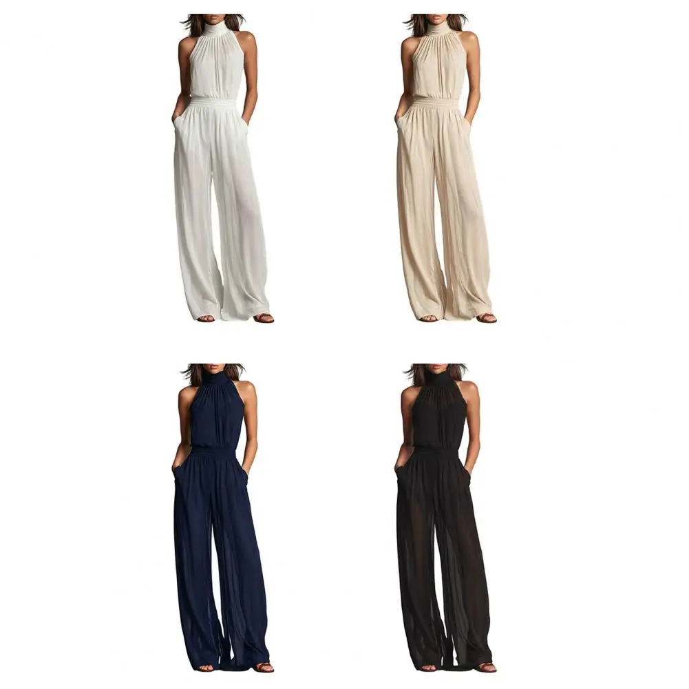 Women's Summer Jumpsuit, Halter High Neck Sleeveless Chiffon Wide Leg Rompers, Smocked Waist Backless Vacation One Piece Outfits