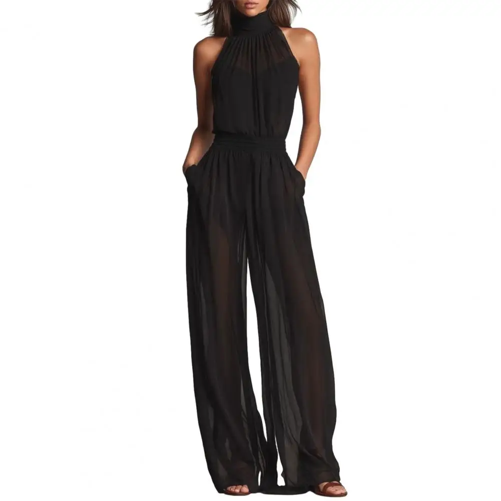 Women's Summer Jumpsuit, Halter High Neck Sleeveless Chiffon Wide Leg Rompers, Smocked Waist Backless Vacation One Piece Outfits