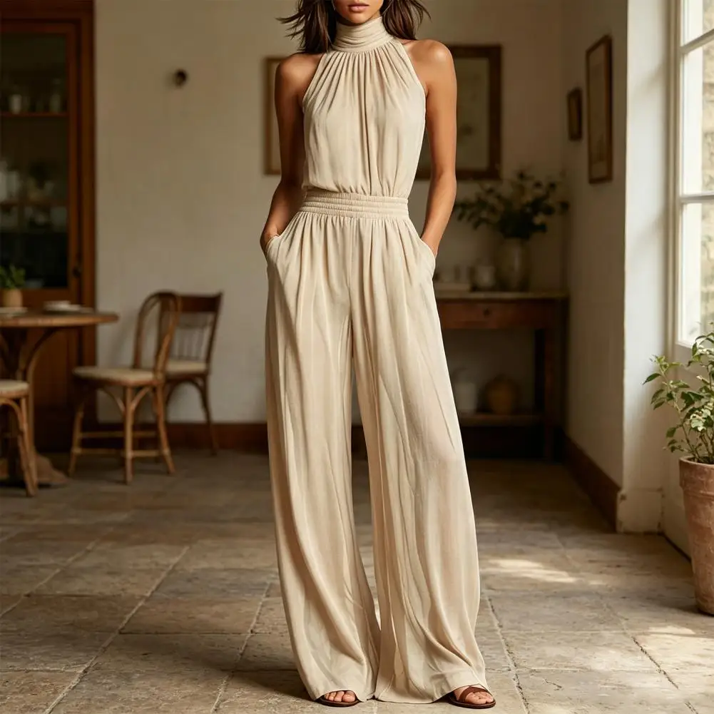 Women's Summer Jumpsuit, Halter High Neck Sleeveless Chiffon Wide Leg Rompers, Smocked Waist Backless Vacation One Piece Outfits