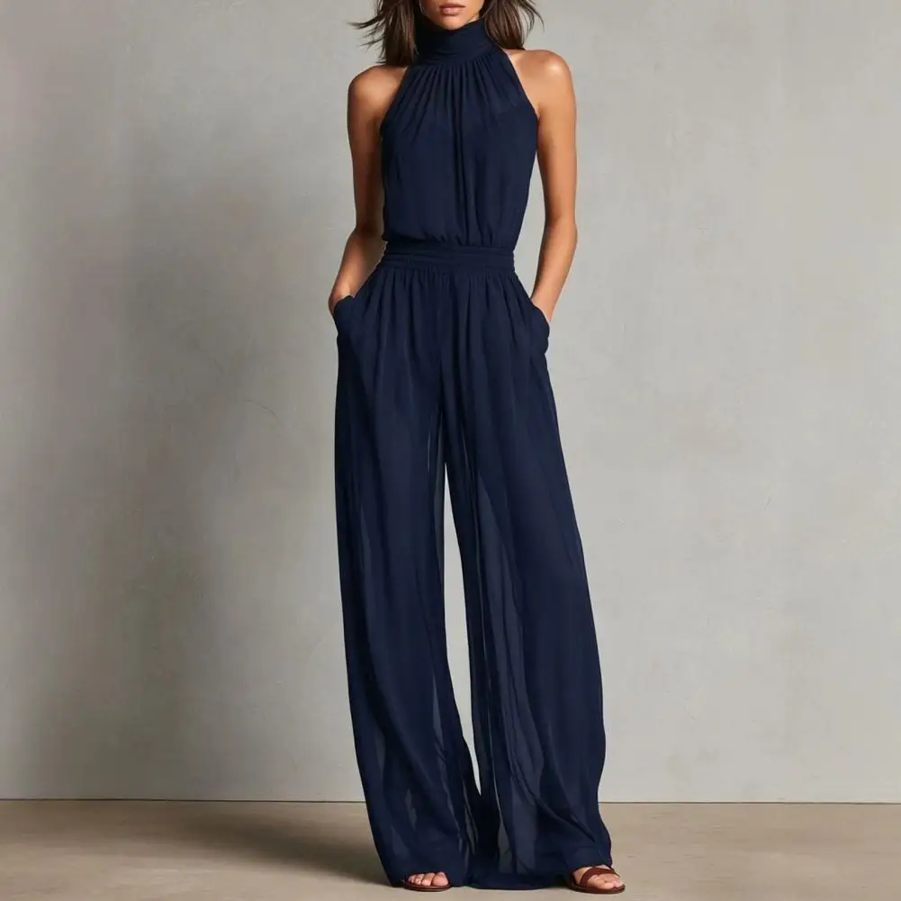 Women's Summer Jumpsuit, Halter High Neck Sleeveless Chiffon Wide Leg Rompers, Smocked Waist Backless Vacation One Piece Outfits
