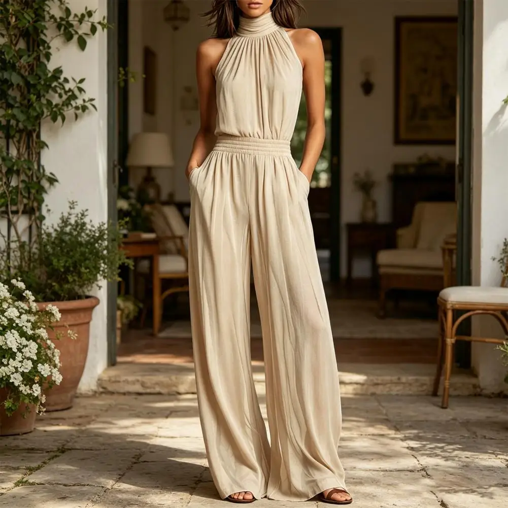 Women's Summer Jumpsuit, Halter High Neck Sleeveless Chiffon Wide Leg Rompers, Smocked Waist Backless Vacation One Piece Outfits