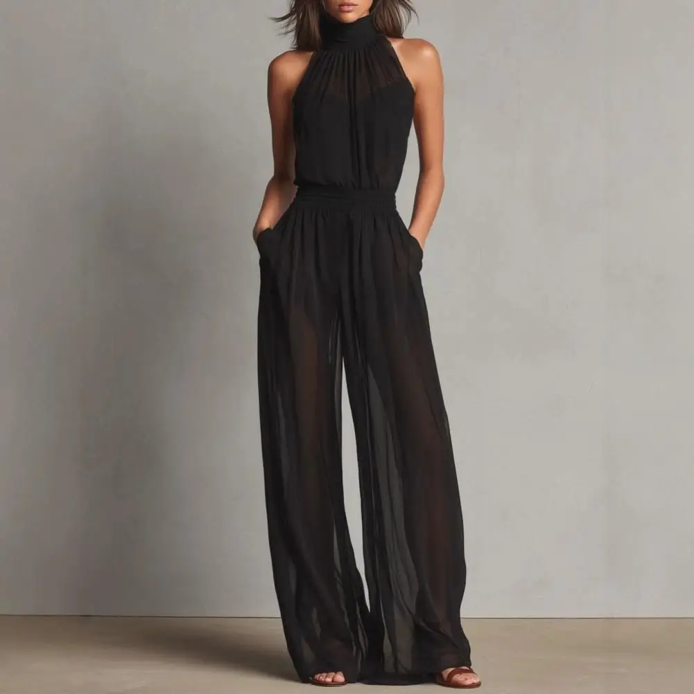 Women's Summer Jumpsuit, Halter High Neck Sleeveless Chiffon Wide Leg Rompers, Smocked Waist Backless Vacation One Piece Outfits