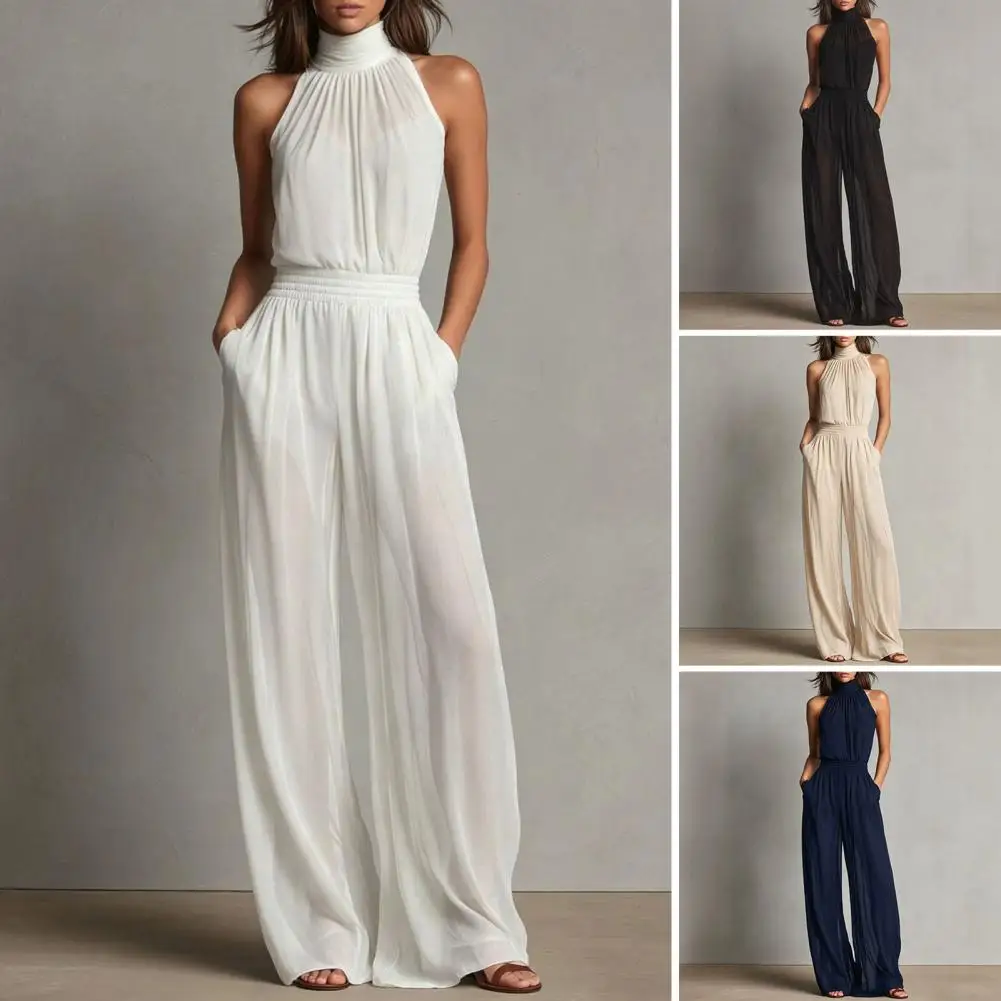 Women's Summer Jumpsuit, Halter High Neck Sleeveless Chiffon Wide Leg Rompers, Smocked Waist Backless Vacation One Piece Outfits