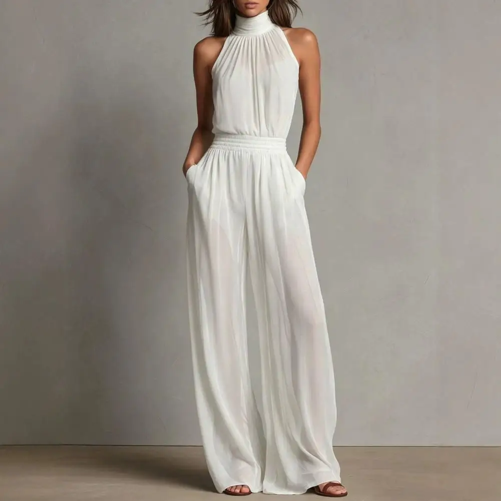 Women's Summer Jumpsuit, Halter High Neck Sleeveless Chiffon Wide Leg Rompers, Smocked Waist Backless Vacation One Piece Outfits