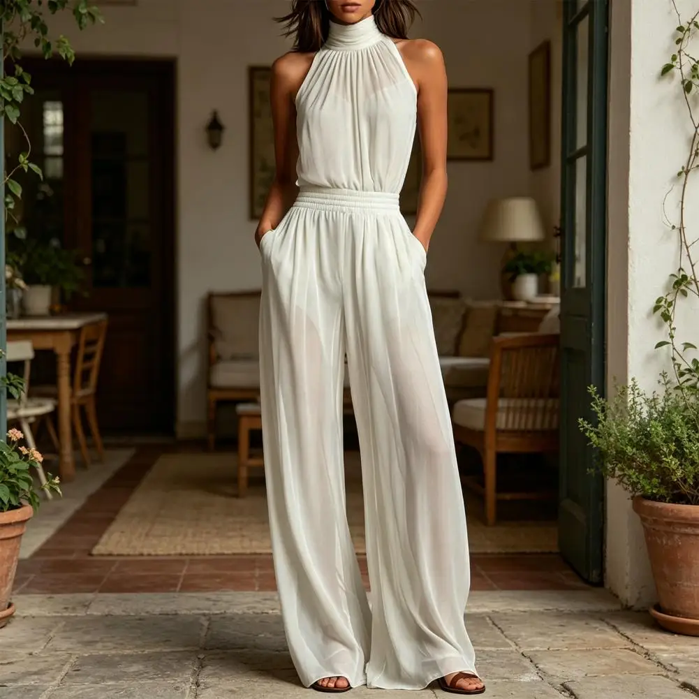 Women's Summer Jumpsuit, Halter High Neck Sleeveless Chiffon Wide Leg Rompers, Smocked Waist Backless Vacation One Piece Outfits