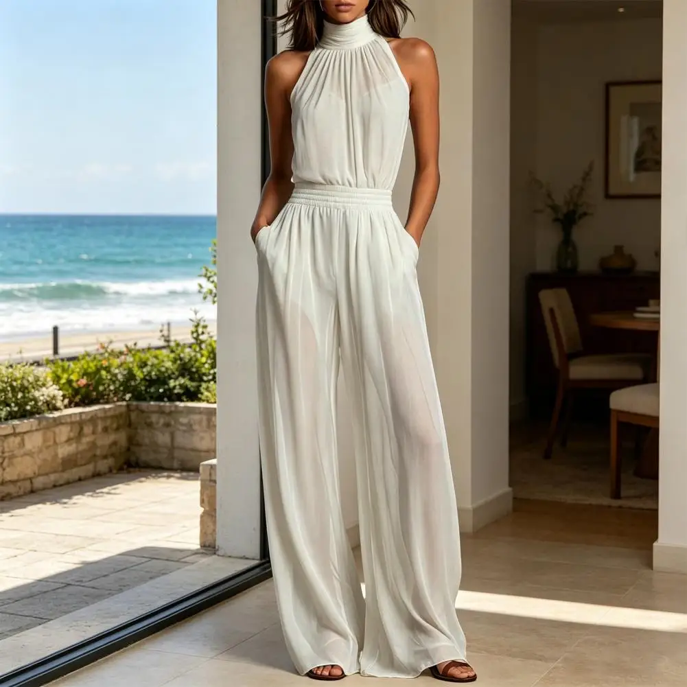 Women's Summer Jumpsuit, Halter High Neck Sleeveless Chiffon Wide Leg Rompers, Smocked Waist Backless Vacation One Piece Outfits