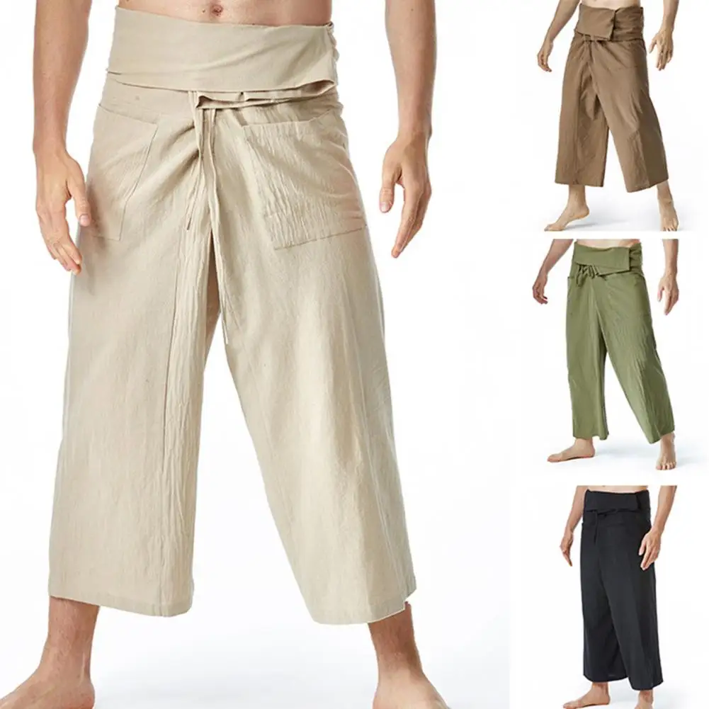 Flax Thai Fisherman Pants Loose Men Harem Trousers Solid Color Drawstring Wide Legs Martial Arts Trousers Casual Pirate Pants