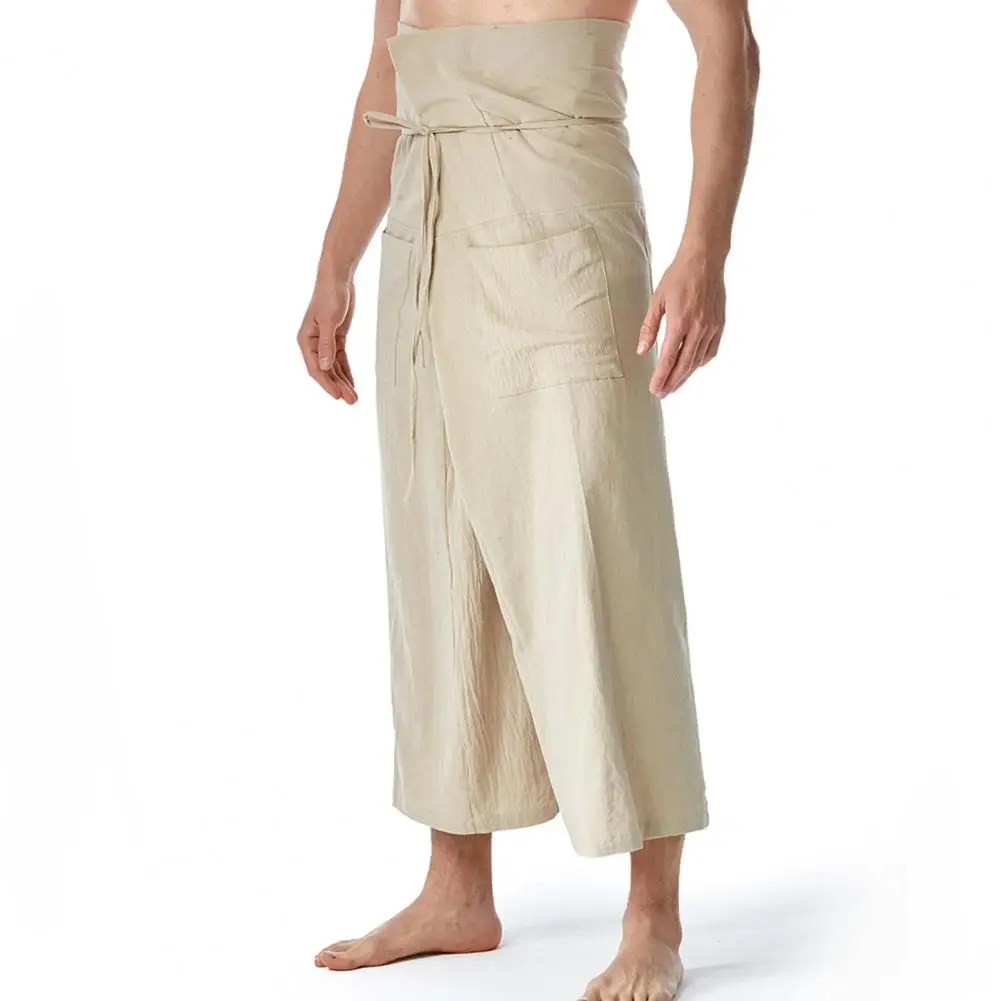 Flax Thai Fisherman Pants Loose Men Harem Trousers Solid Color Drawstring Wide Legs Martial Arts Trousers Casual Pirate Pants