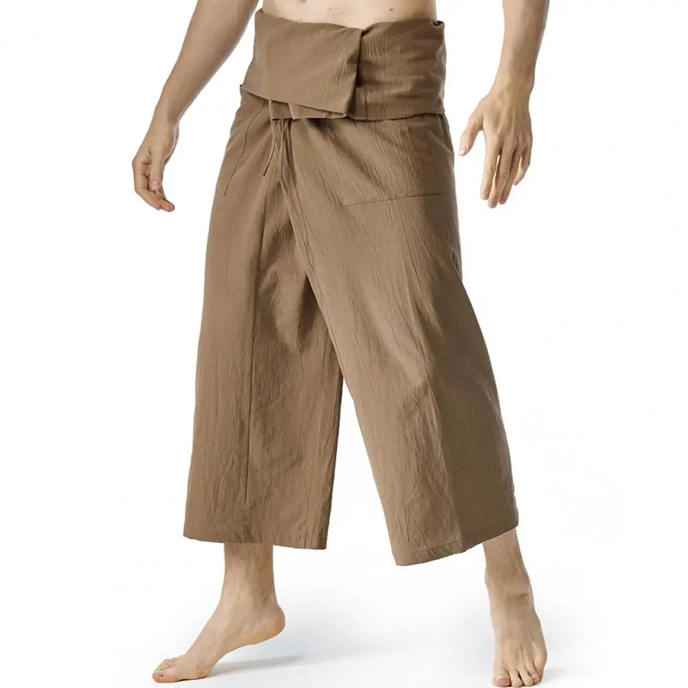 Flax Thai Fisherman Pants Loose Men Harem Trousers Solid Color Drawstring Wide Legs Martial Arts Trousers Casual Pirate Pants