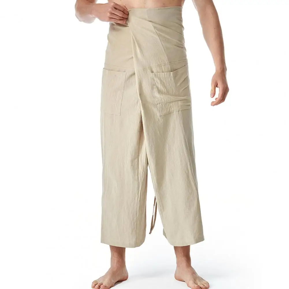 Flax Thai Fisherman Pants Loose Men Harem Trousers Solid Color Drawstring Wide Legs Martial Arts Trousers Casual Pirate Pants
