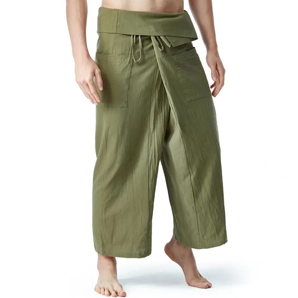 Flax Thai Fisherman Pants Loose Men Harem Trousers Solid Color Drawstring Wide Legs Martial Arts Trousers Casual Pirate Pants