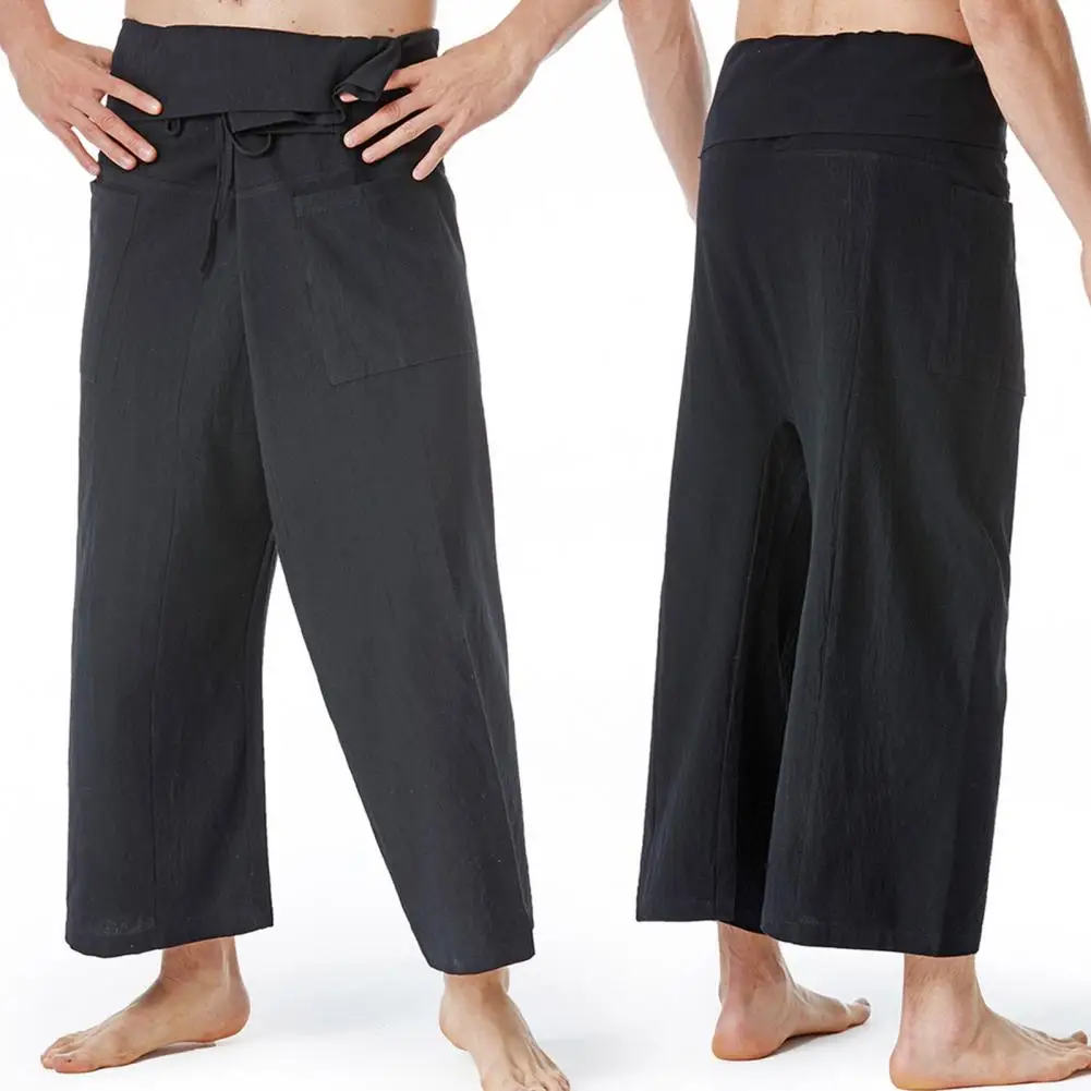 Flax Thai Fisherman Pants Loose Men Harem Trousers Solid Color Drawstring Wide Legs Martial Arts Trousers Casual Pirate Pants
