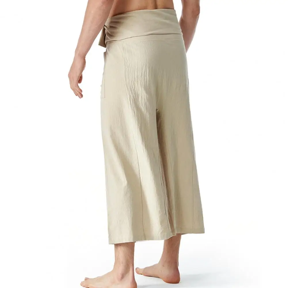 Flax Thai Fisherman Pants Loose Men Harem Trousers Solid Color Drawstring Wide Legs Martial Arts Trousers Casual Pirate Pants