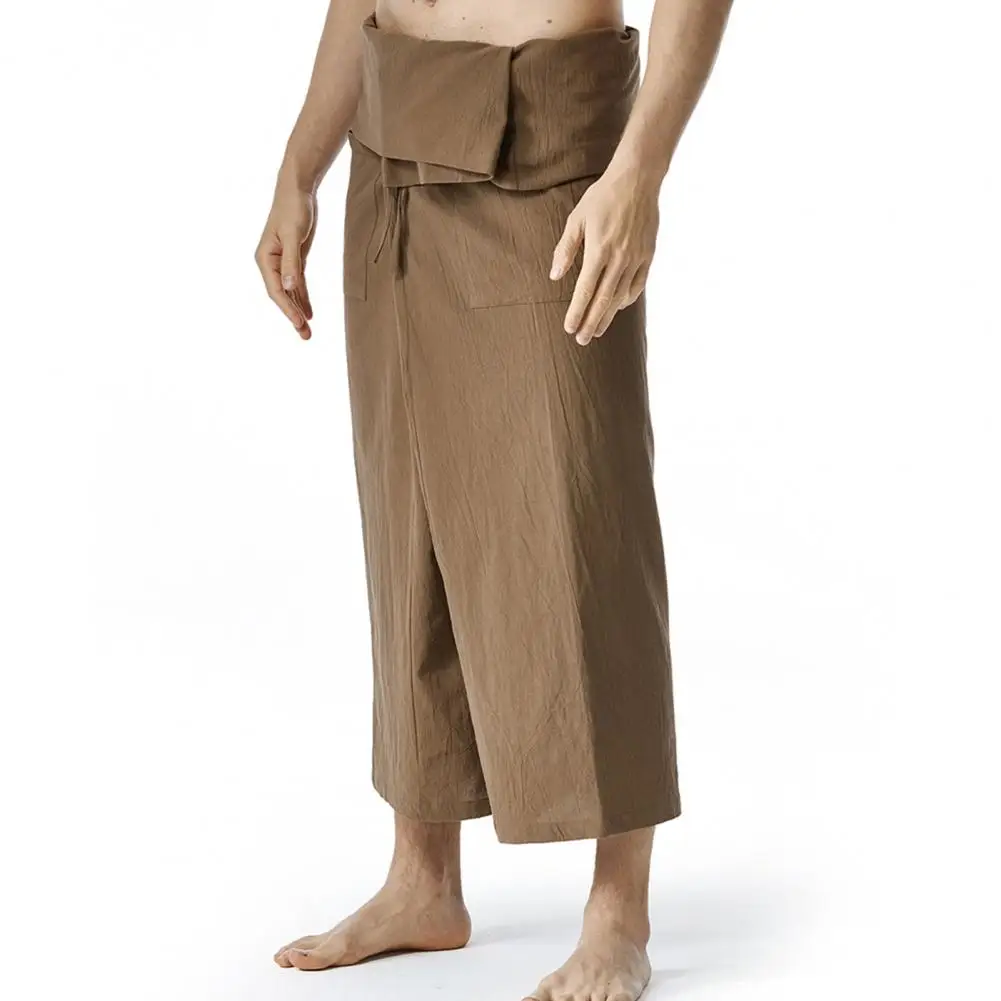 Flax Thai Fisherman Pants Loose Men Harem Trousers Solid Color Drawstring Wide Legs Martial Arts Trousers Casual Pirate Pants