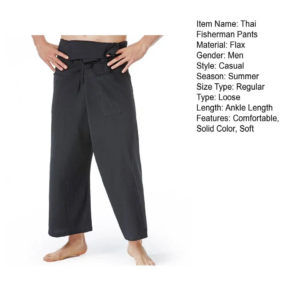Flax Thai Fisherman Pants Loose Men Harem Trousers Solid Color Drawstring Wide Legs Martial Arts Trousers Casual Pirate Pants