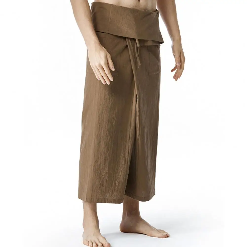 Flax Thai Fisherman Pants Loose Men Harem Trousers Solid Color Drawstring Wide Legs Martial Arts Trousers Casual Pirate Pants