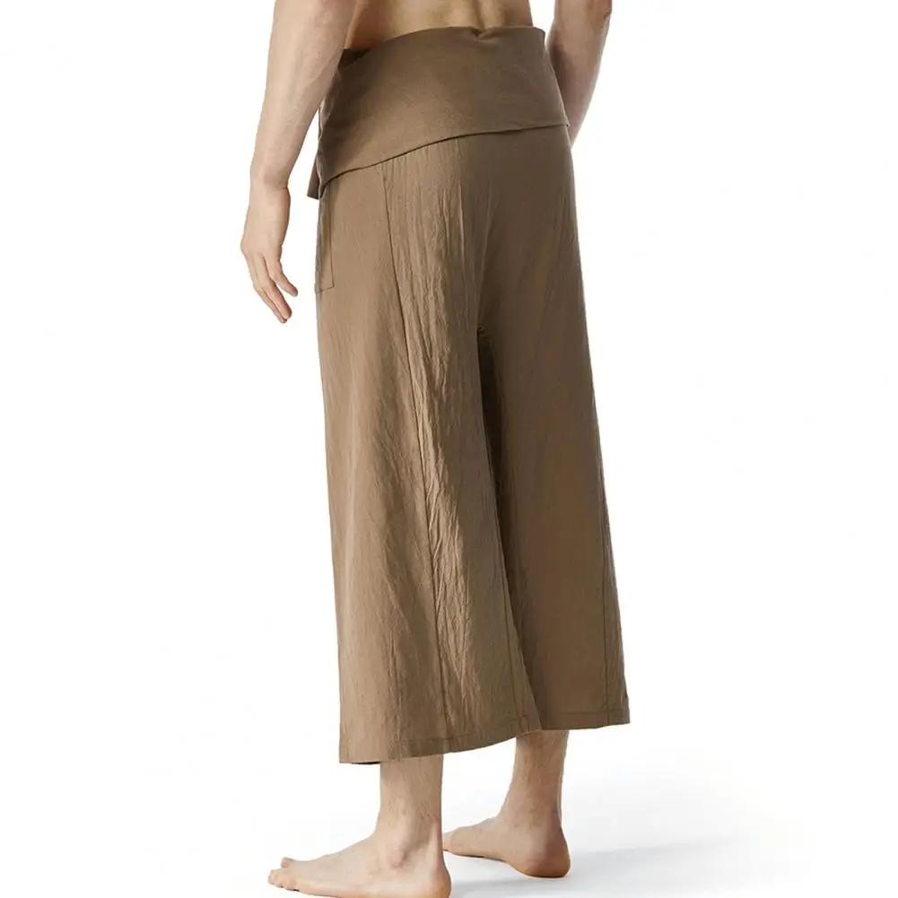 Flax Thai Fisherman Pants Loose Men Harem Trousers Solid Color Drawstring Wide Legs Martial Arts Trousers Casual Pirate Pants