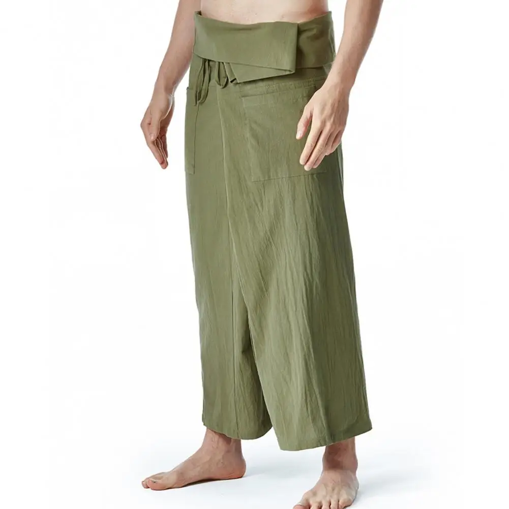 Flax Thai Fisherman Pants Loose Men Harem Trousers Solid Color Drawstring Wide Legs Martial Arts Trousers Casual Pirate Pants