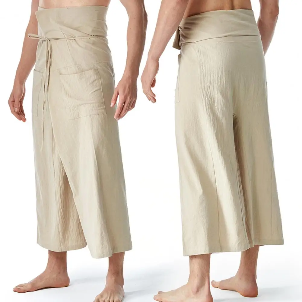 Flax Thai Fisherman Pants Loose Men Harem Trousers Solid Color Drawstring Wide Legs Martial Arts Trousers Casual Pirate Pants
