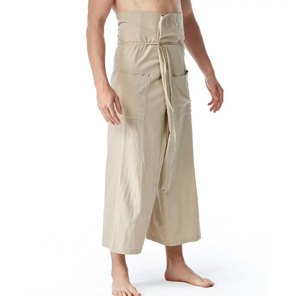 Flax Thai Fisherman Pants Loose Men Harem Trousers Solid Color Drawstring Wide Legs Martial Arts Trousers Casual Pirate Pants