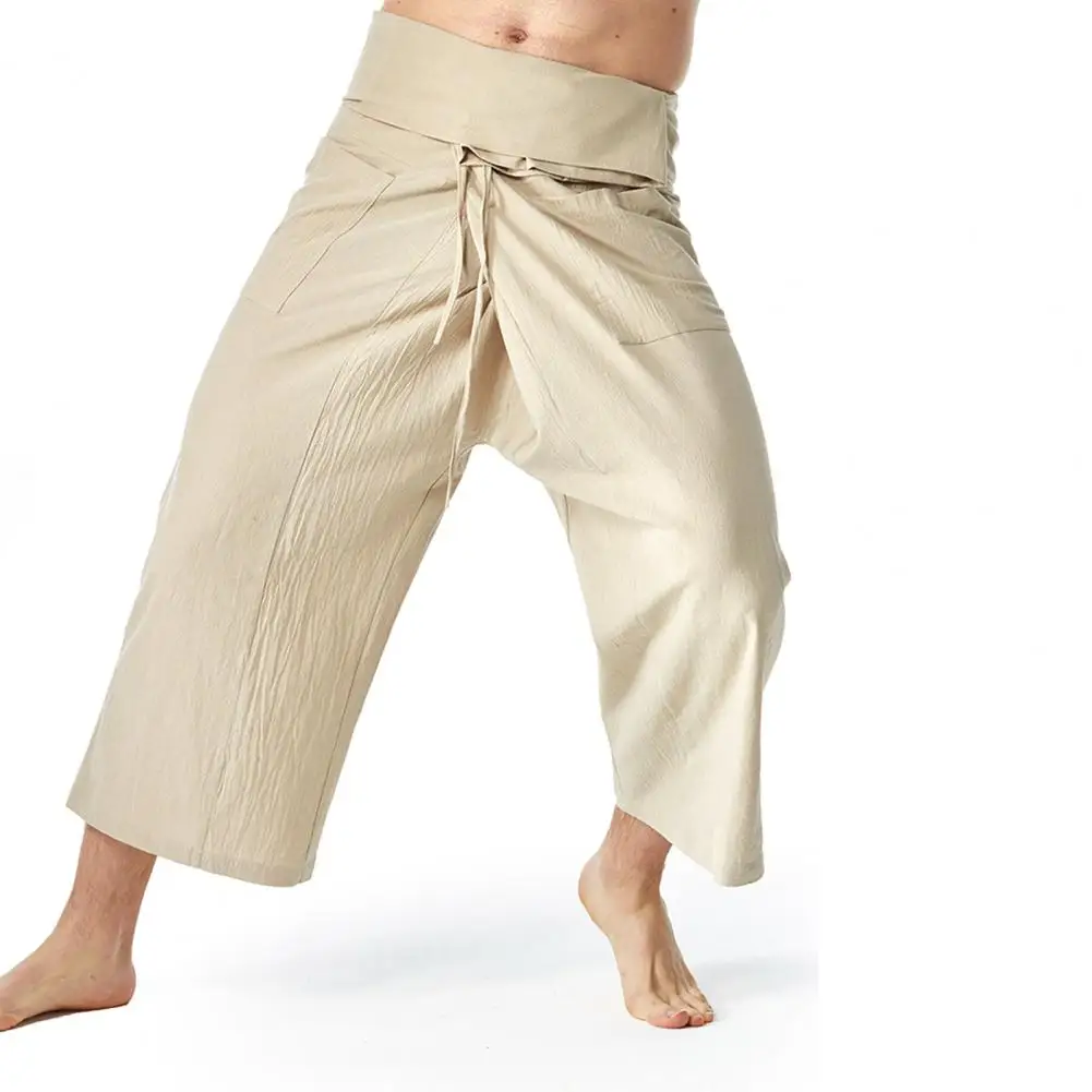 Flax Thai Fisherman Pants Loose Men Harem Trousers Solid Color Drawstring Wide Legs Martial Arts Trousers Casual Pirate Pants