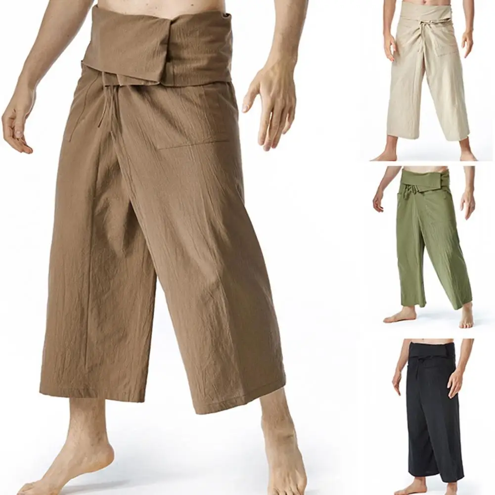 Flax Thai Fisherman Pants Loose Men Harem Trousers Solid Color Drawstring Wide Legs Martial Arts Trousers Casual Pirate Pants