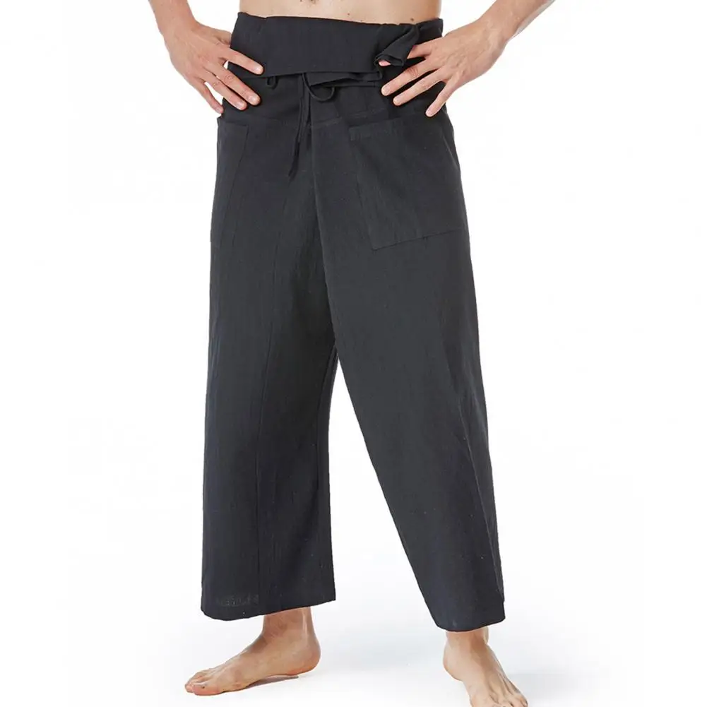 Flax Thai Fisherman Pants Loose Men Harem Trousers Solid Color Drawstring Wide Legs Martial Arts Trousers Casual Pirate Pants