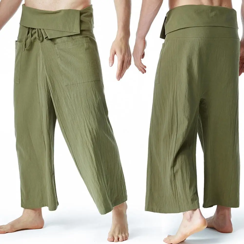 Flax Thai Fisherman Pants Loose Men Harem Trousers Solid Color Drawstring Wide Legs Martial Arts Trousers Casual Pirate Pants